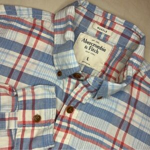 Abercrombie & Fitch Men's Light Blue and Red Checkered Shirt